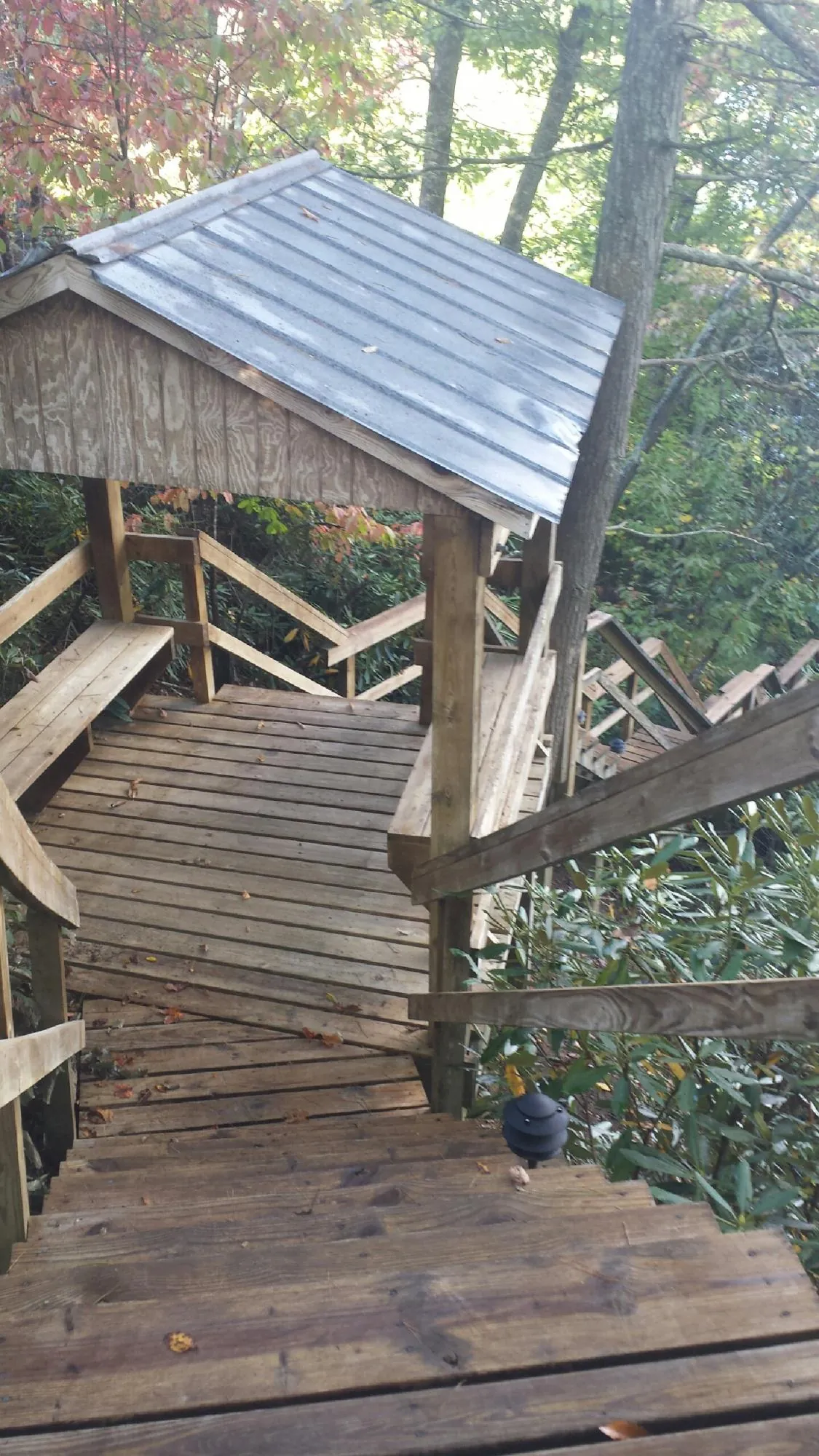 Metal roofed shelter over wooden steps on a wooded walkway — Skylight Repair & Installation work by our crew in Donnelly